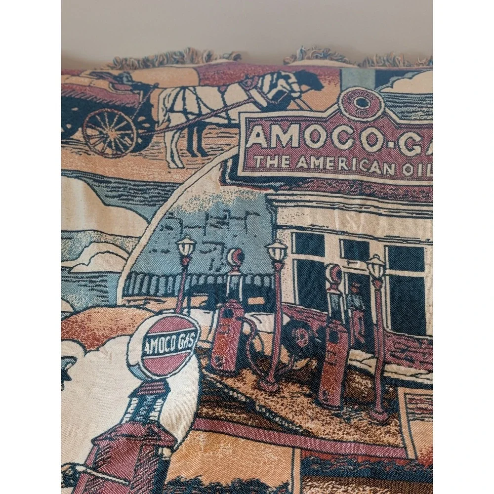 Vintage Amoco Gas Station Tapestry Fringe Throw Blanket American Oil Co Woven